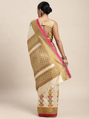 SAREE MALL Women's Silk Blend Beige Printed Celebrity Saree With Blouse Piece 2