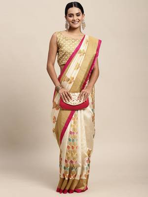 SAREE MALL Women's Silk Blend Beige Printed Celebrity Saree With Blouse Piece 4