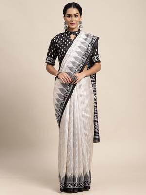 SAREE MALL Women's Silk Blend Off White Printed Celebrity Saree With Blouse Piece 1