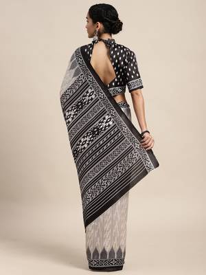 SAREE MALL Women's Silk Blend Off White Printed Celebrity Saree With Blouse Piece 2