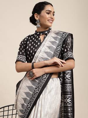 SAREE MALL Women's Silk Blend Off White Printed Celebrity Saree With Blouse Piece 3