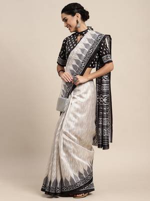 SAREE MALL Women's Silk Blend Off White Printed Celebrity Saree With Blouse Piece 4