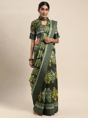 SAREE MALL Women's Brasso Olive Printed Designer Saree With Blouse Piece 1