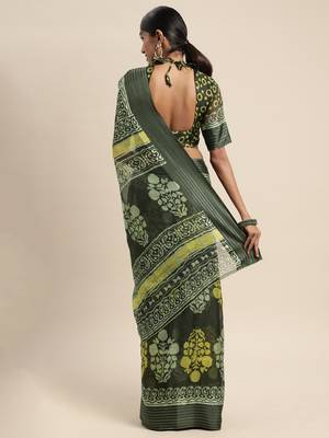 SAREE MALL Women's Brasso Olive Printed Designer Saree With Blouse Piece 2