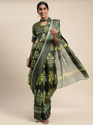 SAREE MALL Women's Brasso Olive Printed Designer Saree With Blouse Piece 4