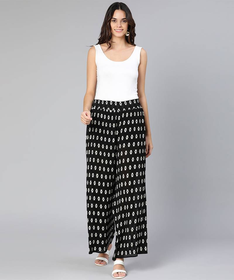 Big motif black color pleated women pant