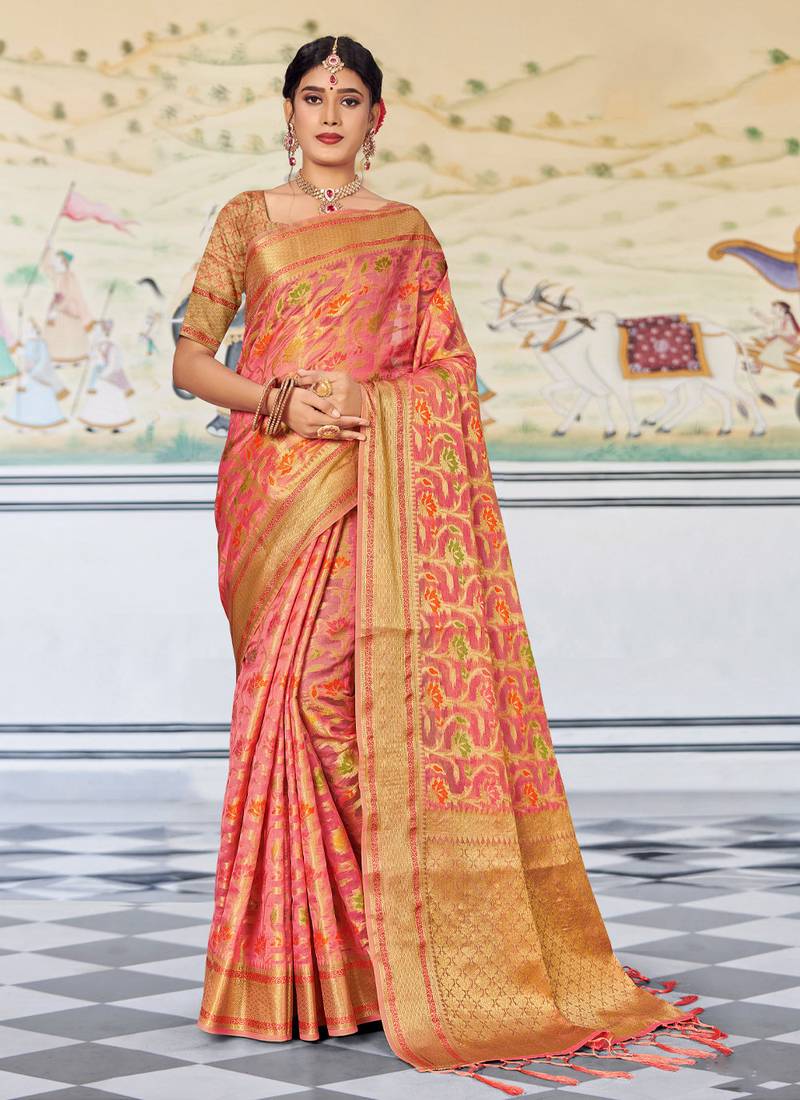 Peach woven organza saree with blouse