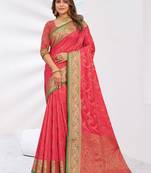Pink woven banarasi silk saree with blouse