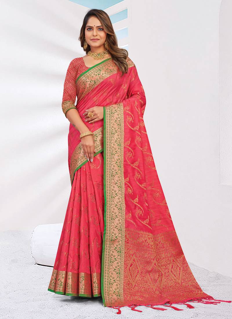 Pink woven banarasi silk saree with blouse