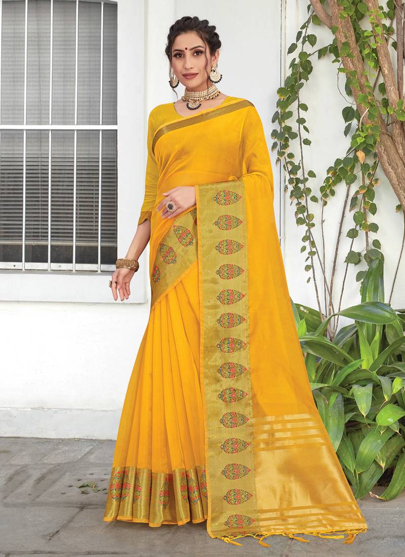 Yellow embroidered organza saree with blouse
