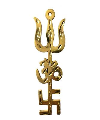 RABARIKAA Trishakti Yantra Trishul Om Swastika   Spiritual Vastu Items  Good Luck Showpiece 4 Inch  Gold 1
