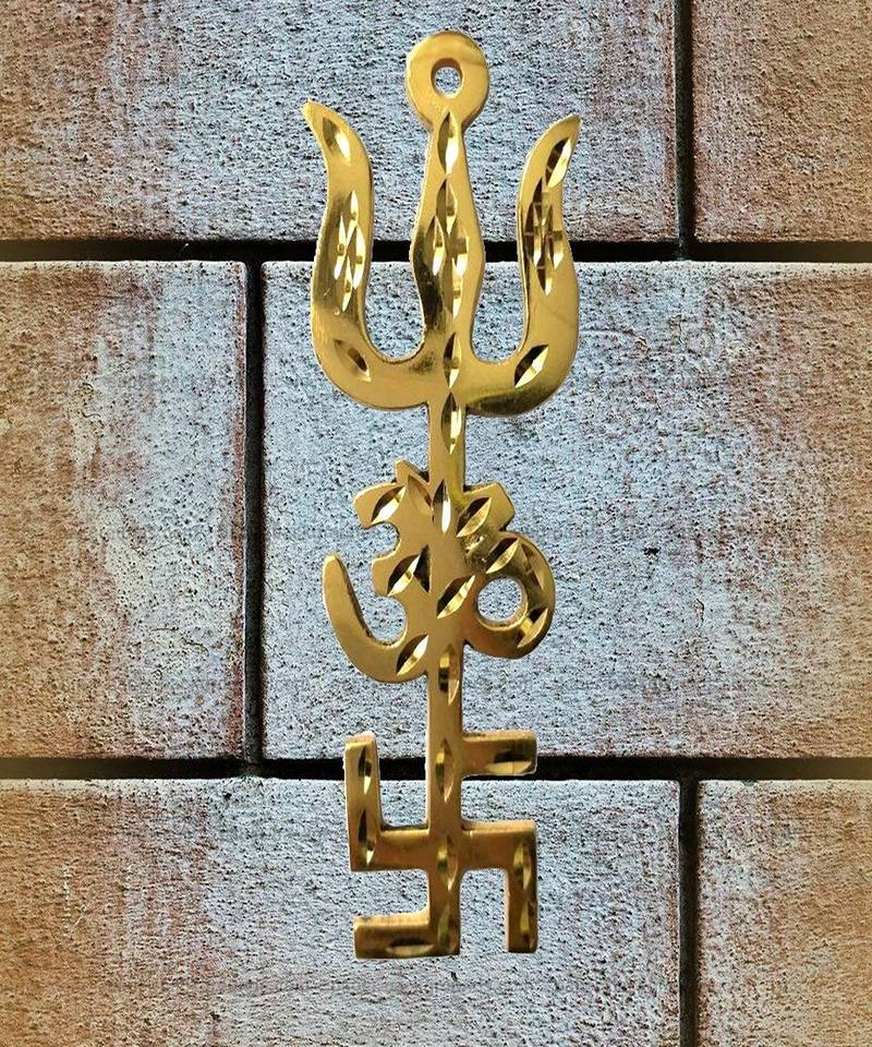 RABARIKAA Trishakti Yantra Trishul Om Swastika   Spiritual Vastu Items  Good Luck Showpiece 4 Inch  Gold