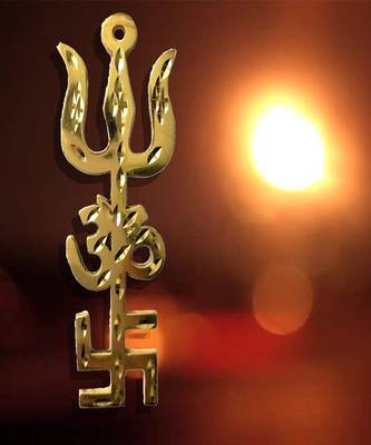 RABARIKAA Trishakti Yantra Trishul Om Swastika   Spiritual Vastu Items  Good Luck Showpiece 4 Inch  Gold 3