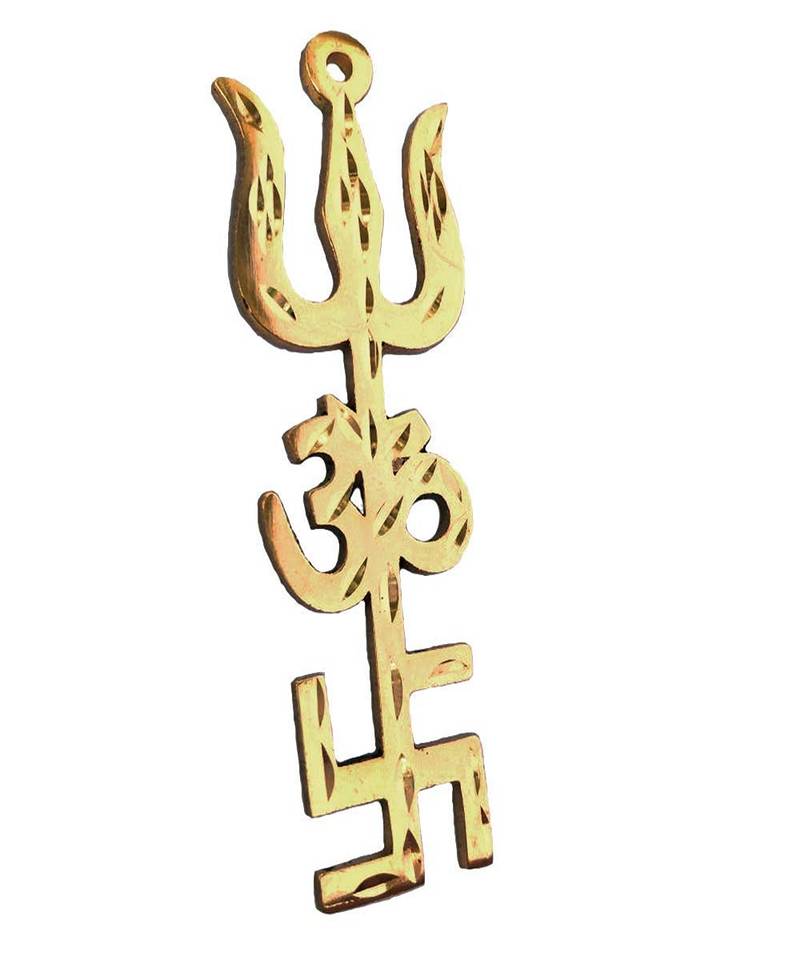 RABARIKAA Trishakti Yantra Trishul Om Swastika   Spiritual Vastu Items  Good Luck Showpiece 4 Inch  Gold
