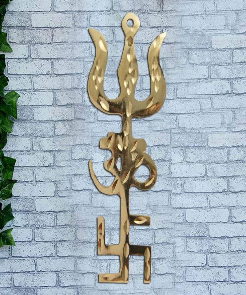 RABARIKAA Trishakti Yantra Trishul Om Swastika   Spiritual Vastu Items  Good Luck Showpiece 4 Inch  Gold