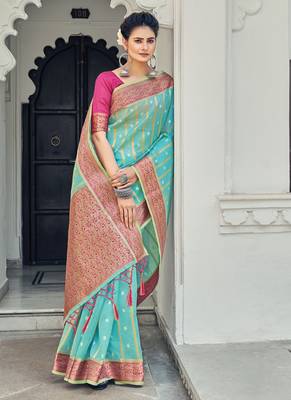 Sky blue woven organza saree with blouse 1