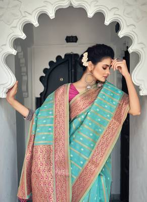 Sky blue woven organza saree with blouse 2