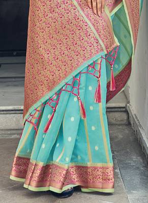 Sky blue woven organza saree with blouse 3