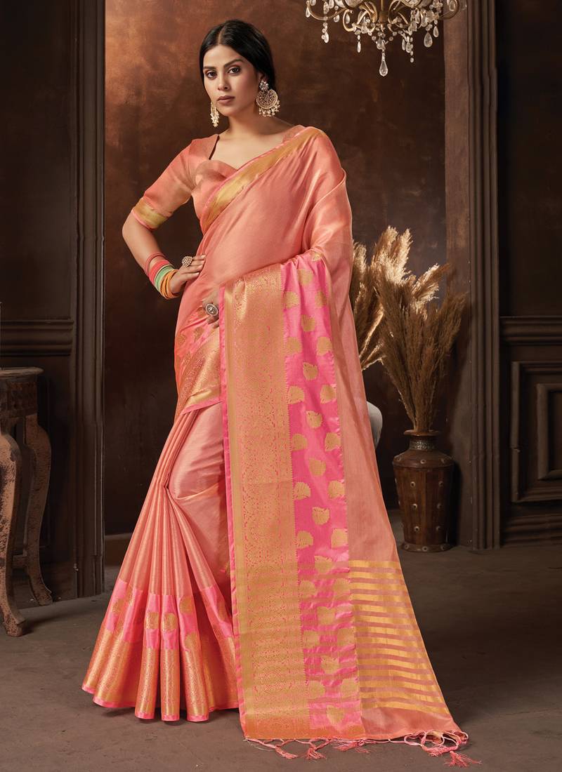 Pink embroidered organza saree with blouse