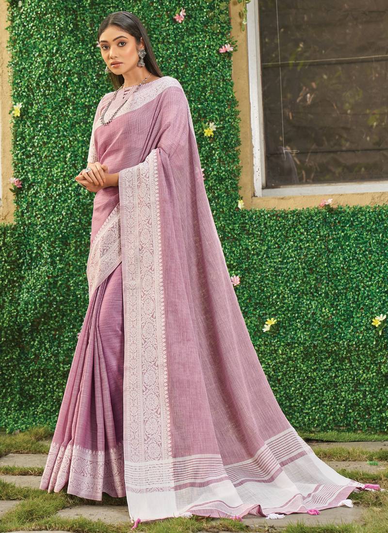 Purple woven linen saree with blouse