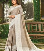 Beige woven linen saree with blouse