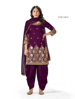 Wine Embroidered Real Mirror Work Cotton Patiala Salwar  1
