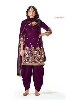 Wine Embroidered Real Mirror Work Cotton Patiala Salwar Semi Stitched