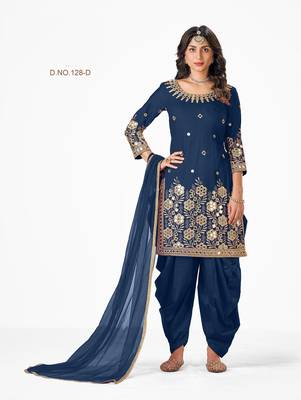 Blue Embroidered Real Mirror Work Cotton Patiala Salwar Semi Stitched 1