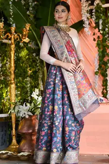 Navy Blue Embroidered Silk Blend Saree With Blouse