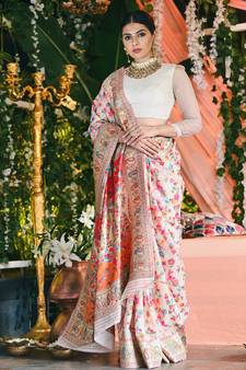 Off White Embroidered Silk Blend Saree With Blouse