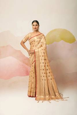 Beige Embroidered Silk Blend Saree With Blouse 1