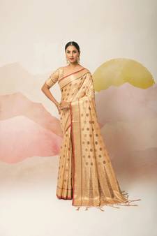 Beige Embroidered Silk Blend Saree With Blouse