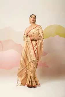 Beige Embroidered Silk Blend Saree With Blouse