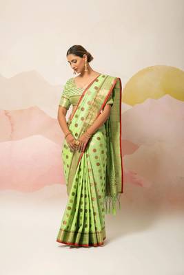 Green Embroidered Silk Blend Saree With Blouse 2