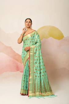 Sea Green Embroidered Silk Blend Saree With Blouse