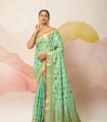 Sea Green Embroidered Silk Blend Saree With Blouse