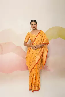 Yellow Embroidered Silk Blend Saree With Blouse