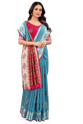 Blue embroidered cotton saree with blouse 1