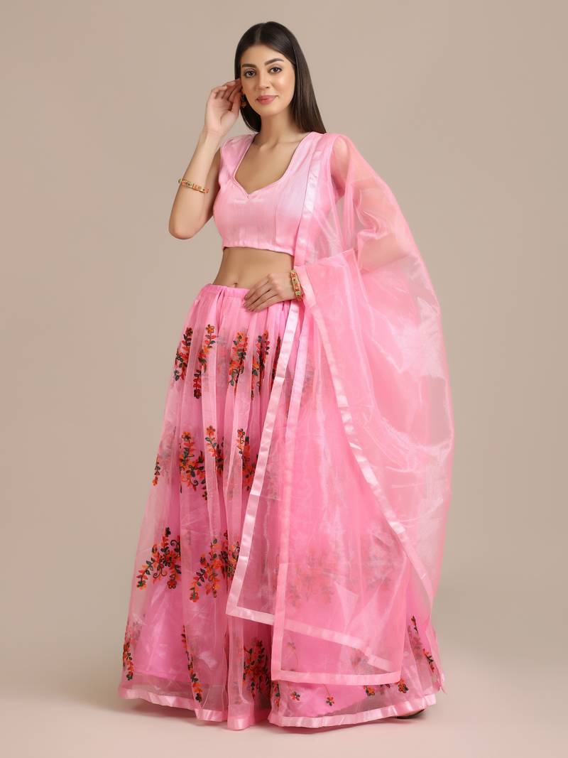 Pink Net Embroidery Work Lehenga Choli For Women
