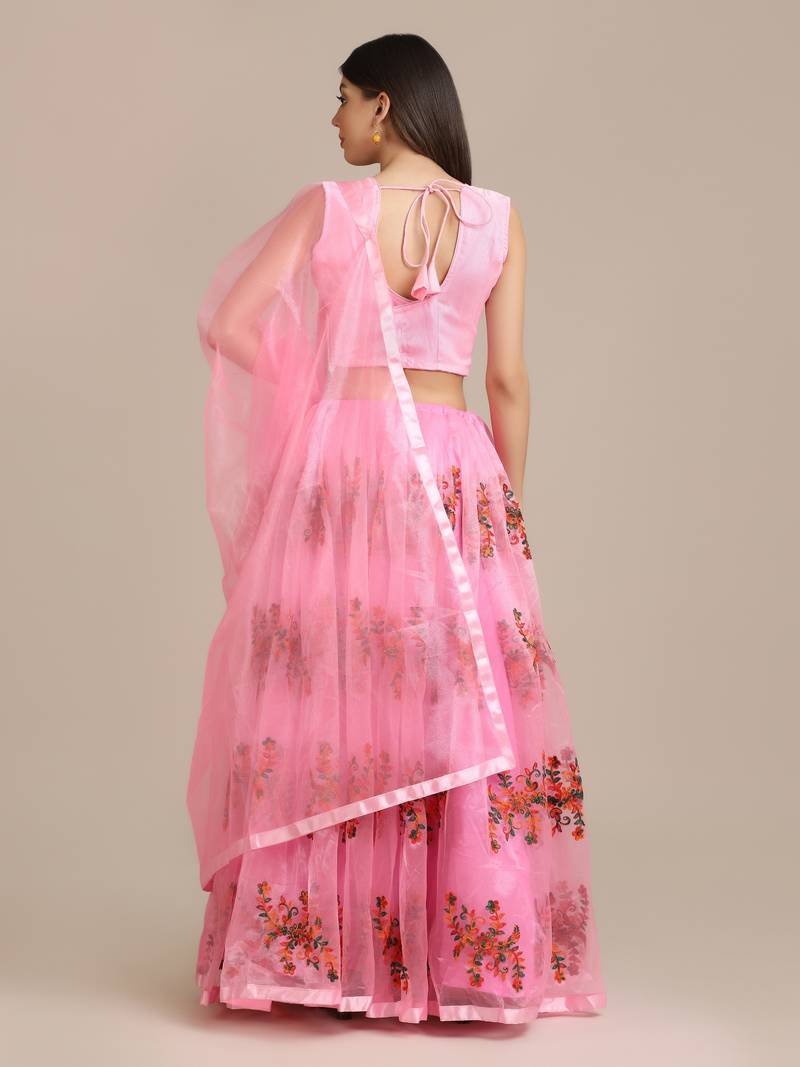 Pink Net Embroidery Work Lehenga Choli For Women