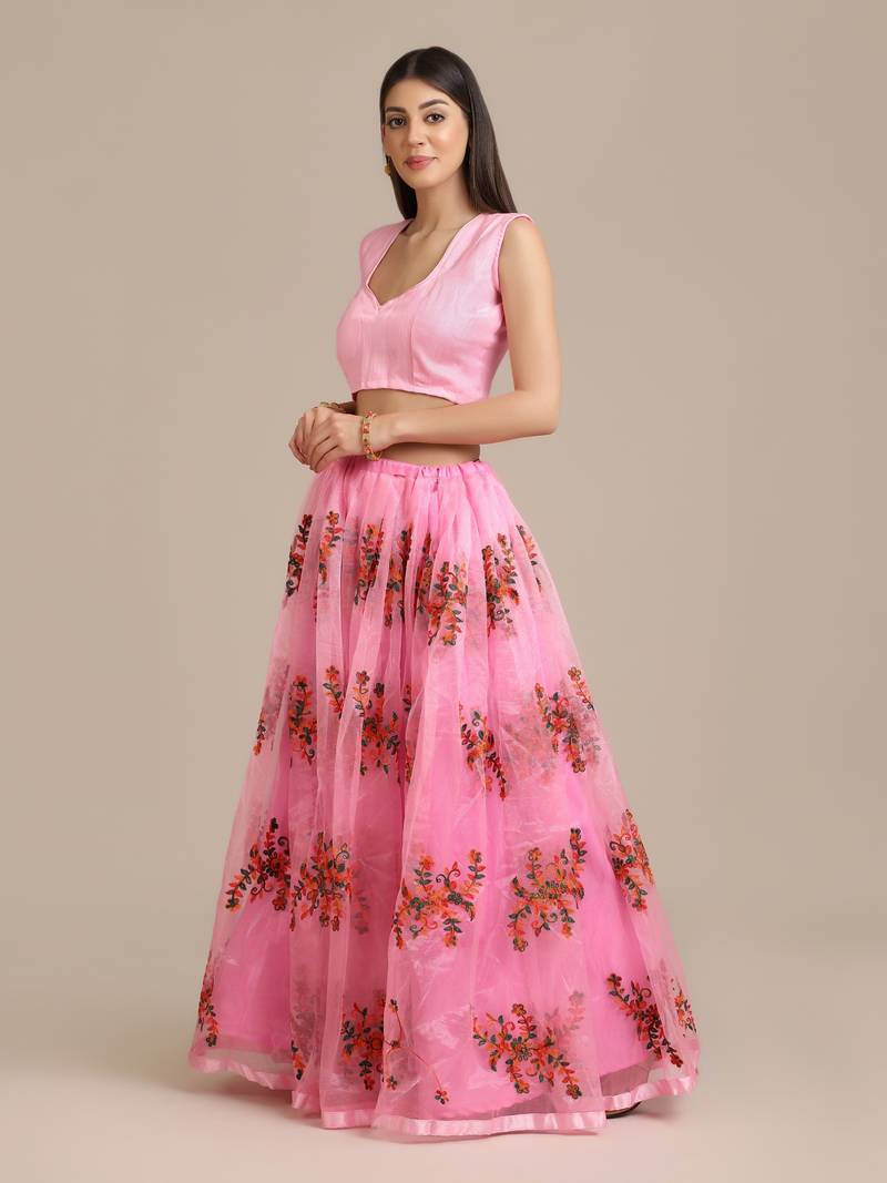 Pink Net Embroidery Work Lehenga Choli For Women