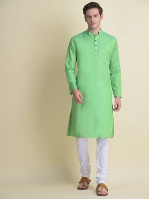 Namaskar Green plain linen kurta-pajama 1