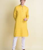 Namaskar Yellow plain linen kurta-pajama
