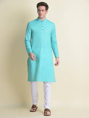 Namaskar Blue plain linen kurta-pajama 1