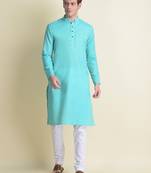 Namaskar Blue plain linen kurta-pajama