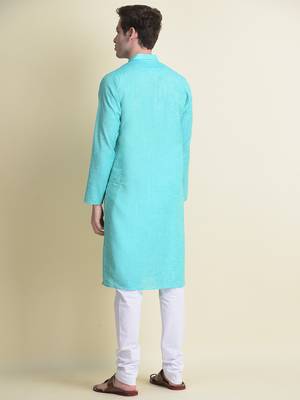 Namaskar Blue plain linen kurta-pajama 3