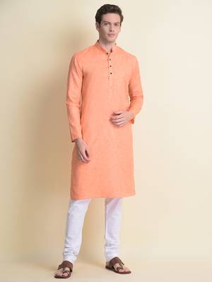 Namaskar Orange plain linen kurta-pajama 1