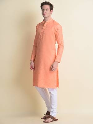 Namaskar Orange plain linen kurta-pajama 2