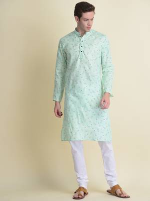 Namaskar Green printed cotton kurta-pajama 1