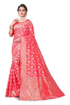 Red woven banarasi silk saree with blouse 1